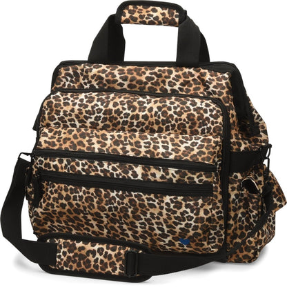 Nurse Mates Ultimate Nursing Bag in Cheetah print - fashionable water-resistant healthcare professional bag with heavy-duty zippers, laptop sleeve, and multiple pockets for medical equipment and personal items
