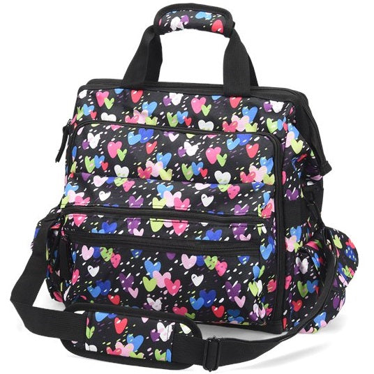 Nurse Mates Ultimate Nursing Bag in Raining Hearts pattern - cheerful water-resistant medical bag with heavy-duty zippers, laptop protection, and organized pockets for nurses and healthcare professionals.
